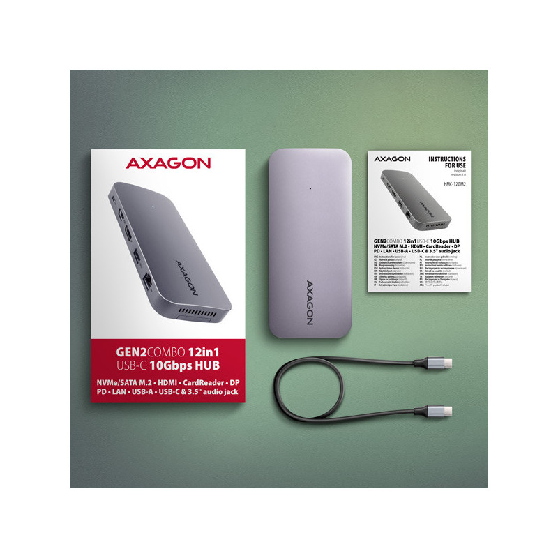 AXAGON HMC-12GM2, USB 10Gbps hub, 3x USB-A, USB-C, HDMI, DP, RJ-45 GLAN, M.2, SD/mSD, audio, PD