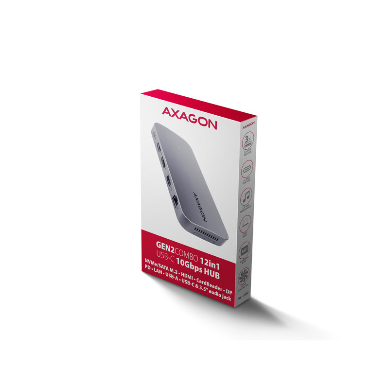 AXAGON HMC-12GM2, USB 10Gbps hub, 3x USB-A, USB-C, HDMI, DP, RJ-45 GLAN, M.2, SD/mSD, audio, PD