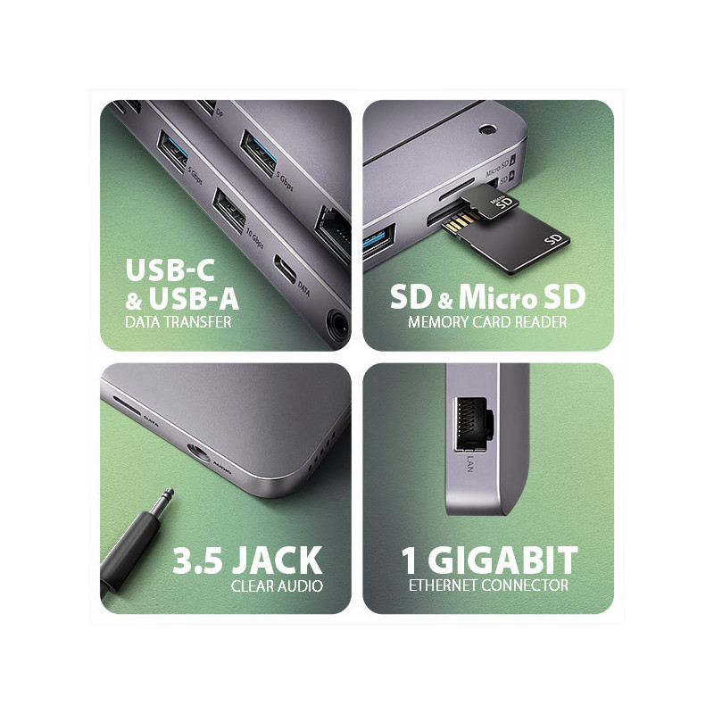 AXAGON HMC-12GM2, USB 10Gbps hub, 3x USB-A, USB-C, HDMI, DP, RJ-45 GLAN, M.2, SD/mSD, audio, PD