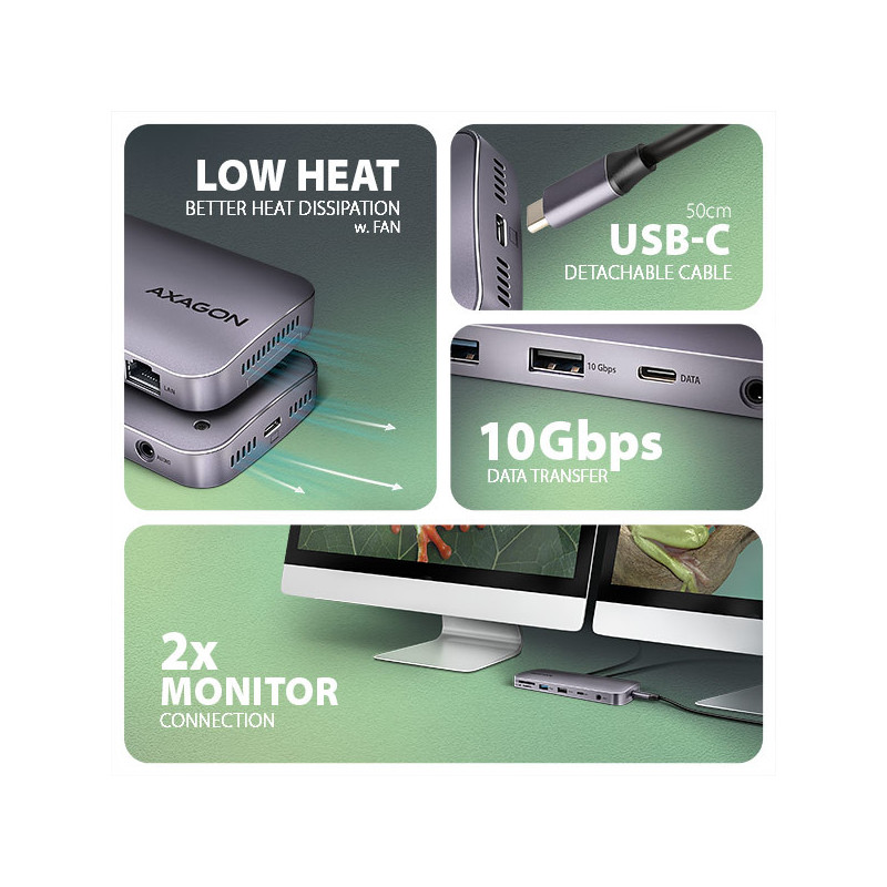 AXAGON HMC-12GM2, USB 10Gbps hub, 3x USB-A, USB-C, HDMI, DP, RJ-45 GLAN, M.2, SD/mSD, audio, PD