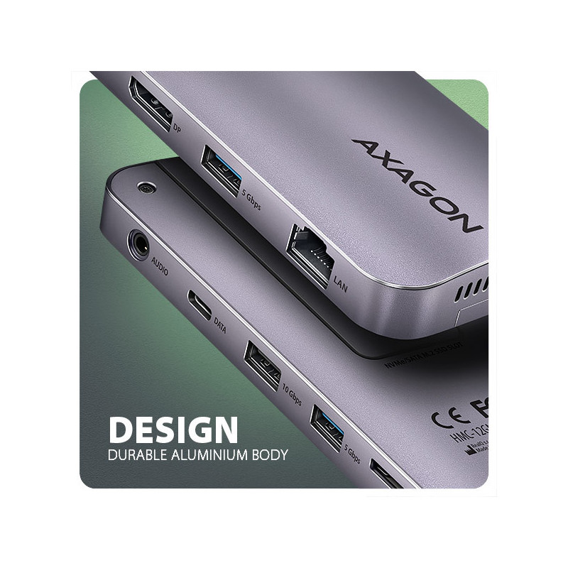 AXAGON HMC-12GM2, USB 10Gbps hub, 3x USB-A, USB-C, HDMI, DP, RJ-45 GLAN, M.2, SD/mSD, audio, PD
