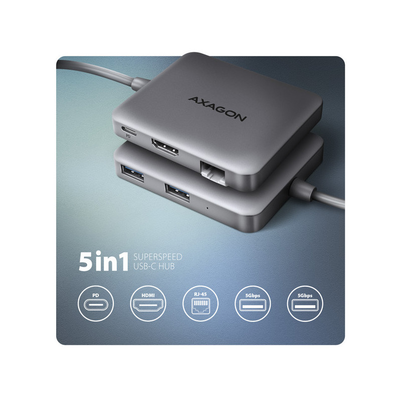 AXAGON HMC-5HL, USB 5Gbps hub, 2x USB-A, HDMI 4k/60Hz, RJ-45 GLAN, PD 100W, kábel USB-C 20cm