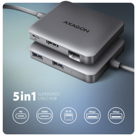 AXAGON HMC-5HL, USB 5Gbps hub, 2x USB-A, HDMI 4k/60Hz, RJ-45 GLAN, PD 100W, kábel USB-C 20cm