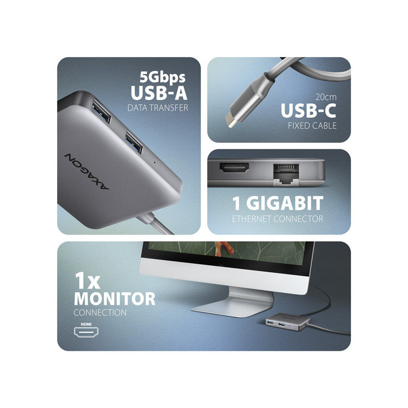 AXAGON HMC-5HL, USB 5Gbps hub, 2x USB-A, HDMI 4k/60Hz, RJ-45 GLAN, PD 100W, kábel USB-C 20cm