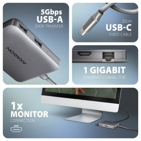 AXAGON HMC-5HL, USB 5Gbps hub, 2x USB-A, HDMI 4k/60Hz, RJ-45 GLAN, PD 100W, kábel USB-C 20cm