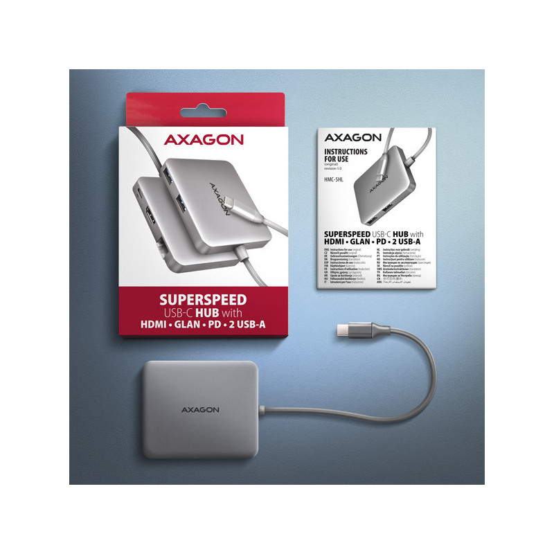 AXAGON HMC-5HL, USB 5Gbps hub, 2x USB-A, HDMI 4k/60Hz, RJ-45 GLAN, PD 100W, kábel USB-C 20cm