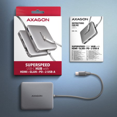 AXAGON HMC-5HL, USB 5Gbps hub, 2x USB-A, HDMI 4k/60Hz, RJ-45 GLAN, PD 100W, kábel USB-C 20cm