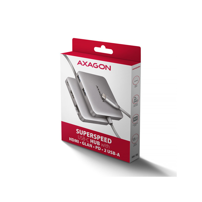 AXAGON HMC-5HL, USB 5Gbps hub, 2x USB-A, HDMI 4k/60Hz, RJ-45 GLAN, PD 100W, kábel USB-C 20cm