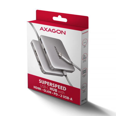 AXAGON HMC-5HL, USB 5Gbps hub, 2x USB-A, HDMI 4k/60Hz, RJ-45 GLAN, PD 100W, kábel USB-C 20cm