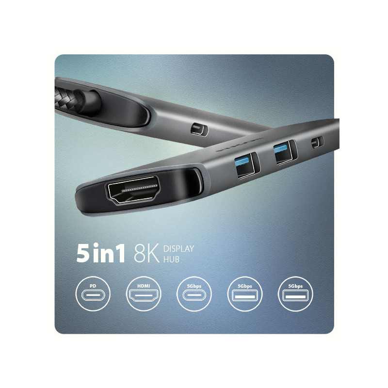 AXAGON HMC-5H8K, USB 5Gbps hub, 2x USB-A, USB-C, HDMI 8k/30Hz, PD 100W, kábel USB-C 15cm