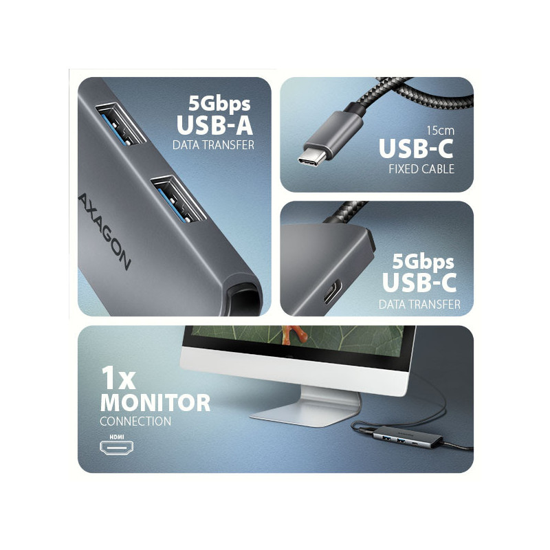 AXAGON HMC-5H8K, USB 5Gbps hub, 2x USB-A, USB-C, HDMI 8k/30Hz, PD 100W, kábel USB-C 15cm
