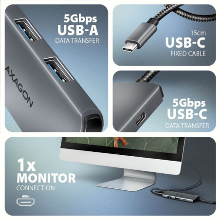 AXAGON HMC-5H8K, USB 5Gbps hub, 2x USB-A, USB-C, HDMI 8k/30Hz, PD 100W, kábel USB-C 15cm