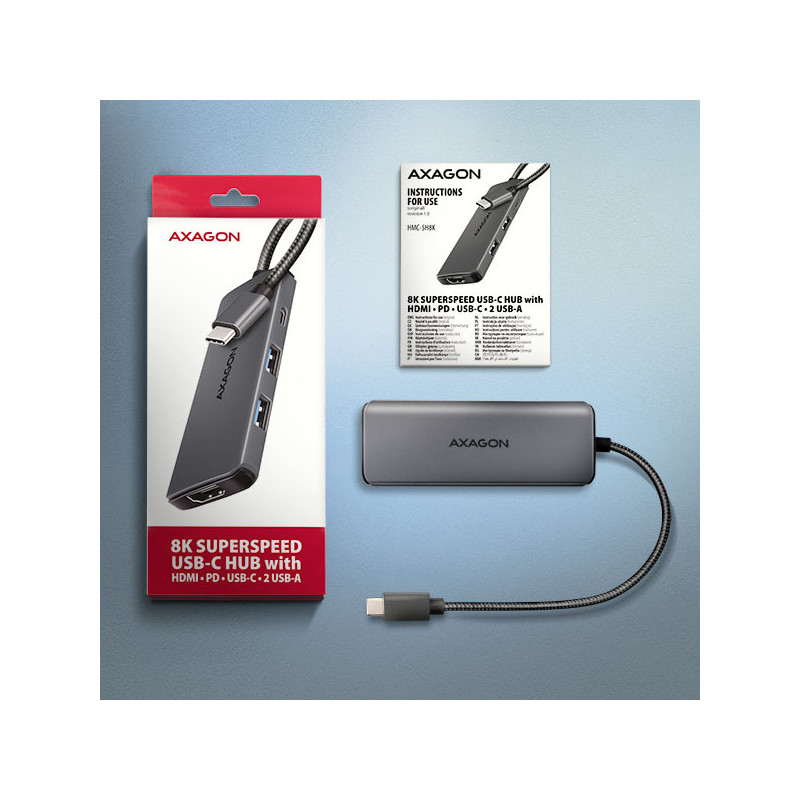 AXAGON HMC-5H8K, USB 5Gbps hub, 2x USB-A, USB-C, HDMI 8k/30Hz, PD 100W, kábel USB-C 15cm