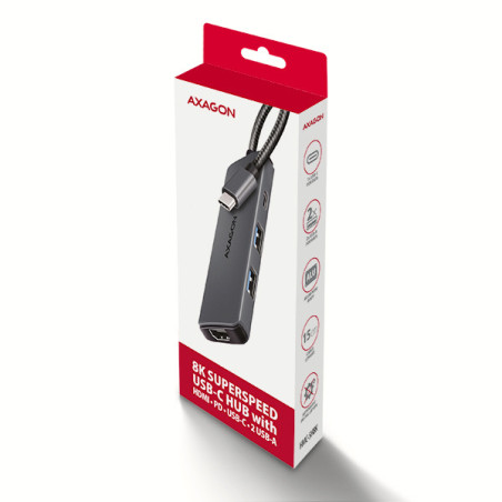 AXAGON HMC-5H8K, USB 5Gbps hub, 2x USB-A, USB-C, HDMI 8k/30Hz, PD 100W, kábel USB-C 15cm