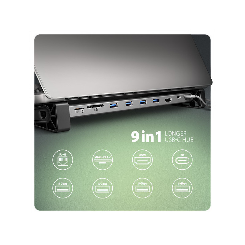 AXAGON HMC-10HLS, USB 5Gbps hub, 4x USB-A, HDMI 4k/60Hz, RJ-45 GLAN, SD/mSD, PD 100W, kábel 25cm