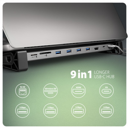 AXAGON HMC-10HLS, USB 5Gbps hub, 4x USB-A, HDMI 4k/60Hz, RJ-45 GLAN, SD/mSD, PD 100W, kábel 25cm