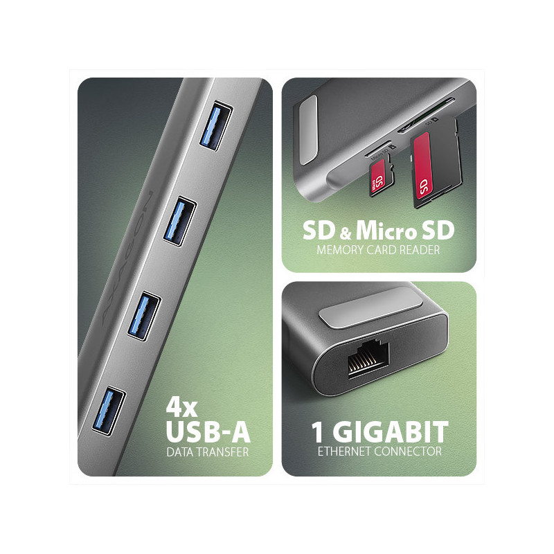 AXAGON HMC-10HLS, USB 5Gbps hub, 4x USB-A, HDMI 4k/60Hz, RJ-45 GLAN, SD/mSD, PD 100W, kábel 25cm