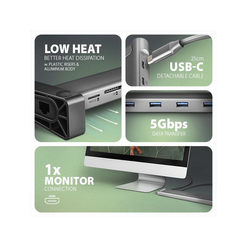 AXAGON HMC-10HLS, USB 5Gbps hub, 4x USB-A, HDMI 4k/60Hz, RJ-45 GLAN, SD/mSD, PD 100W, kábel 25cm
