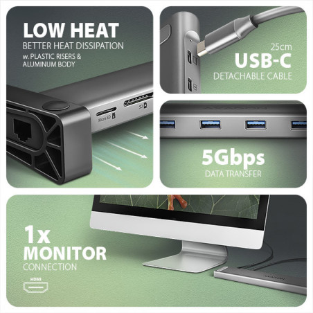 AXAGON HMC-10HLS, USB 5Gbps hub, 4x USB-A, HDMI 4k/60Hz, RJ-45 GLAN, SD/mSD, PD 100W, kábel 25cm