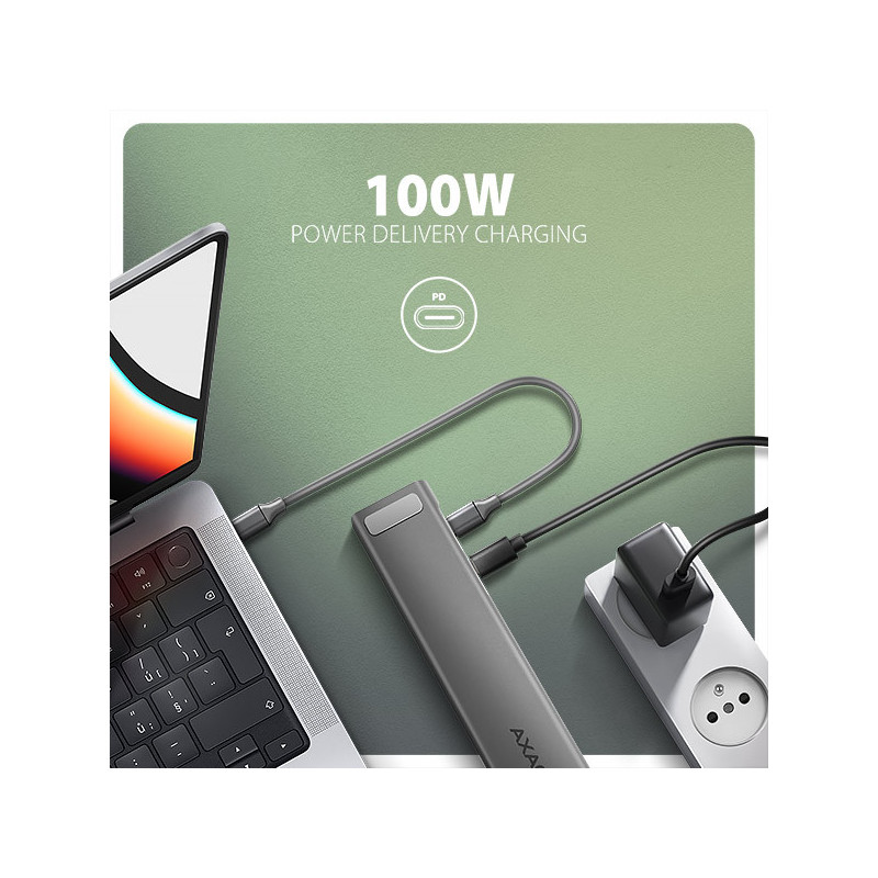 AXAGON HMC-10HLS, USB 5Gbps hub, 4x USB-A, HDMI 4k/60Hz, RJ-45 GLAN, SD/mSD, PD 100W, kábel 25cm