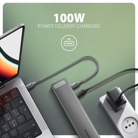 AXAGON HMC-10HLS, USB 5Gbps hub, 4x USB-A, HDMI 4k/60Hz, RJ-45 GLAN, SD/mSD, PD 100W, kábel 25cm