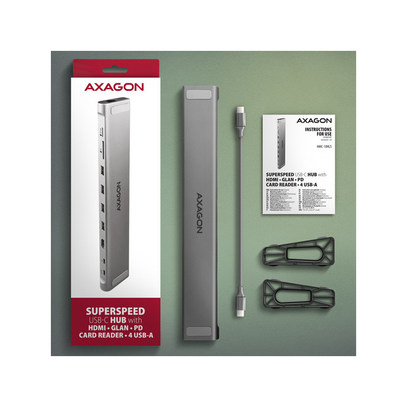 AXAGON HMC-10HLS, USB 5Gbps hub, 4x USB-A, HDMI 4k/60Hz, RJ-45 GLAN, SD/mSD, PD 100W, kábel 25cm