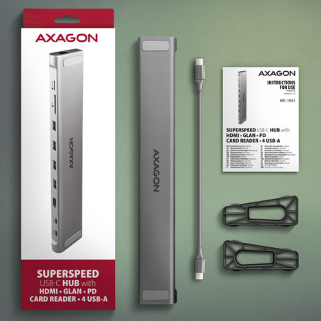 AXAGON HMC-10HLS, USB 5Gbps hub, 4x USB-A, HDMI 4k/60Hz, RJ-45 GLAN, SD/mSD, PD 100W, kábel 25cm