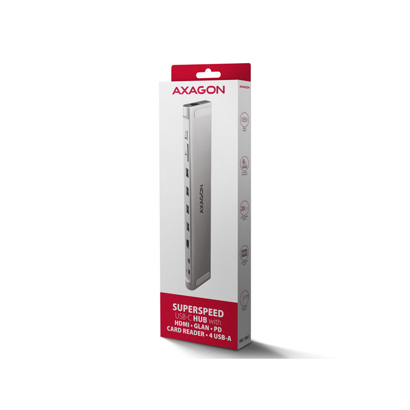 AXAGON HMC-10HLS, USB 5Gbps hub, 4x USB-A, HDMI 4k/60Hz, RJ-45 GLAN, SD/mSD, PD 100W, kábel 25cm