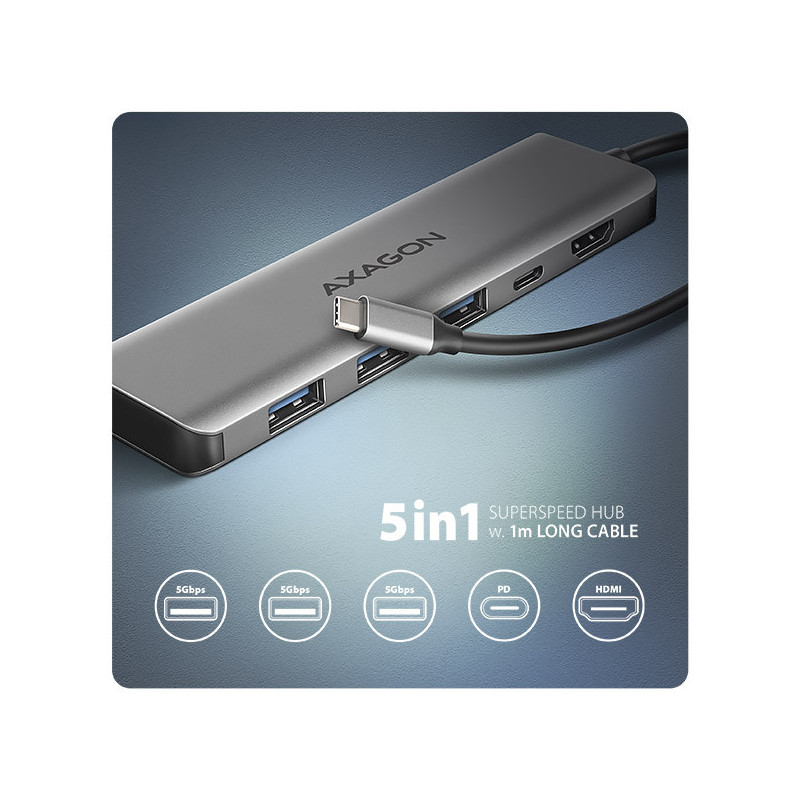 AXAGON HMC-5H, USB 5Gbps hub, 3x USB-A, HDMI 4k/30Hz, PD 100W, kábel USB-C 100cm
