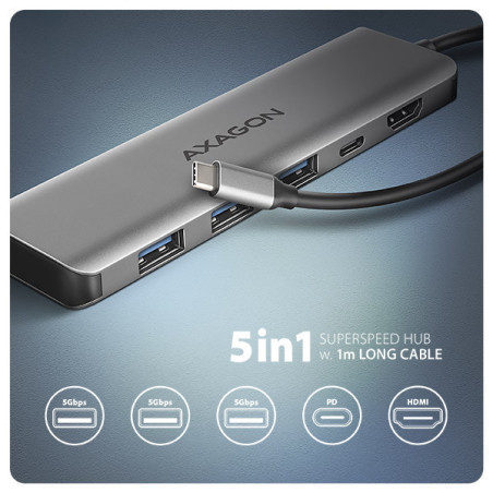AXAGON HMC-5H, USB 5Gbps hub, 3x USB-A, HDMI 4k/30Hz, PD 100W, kábel USB-C 100cm