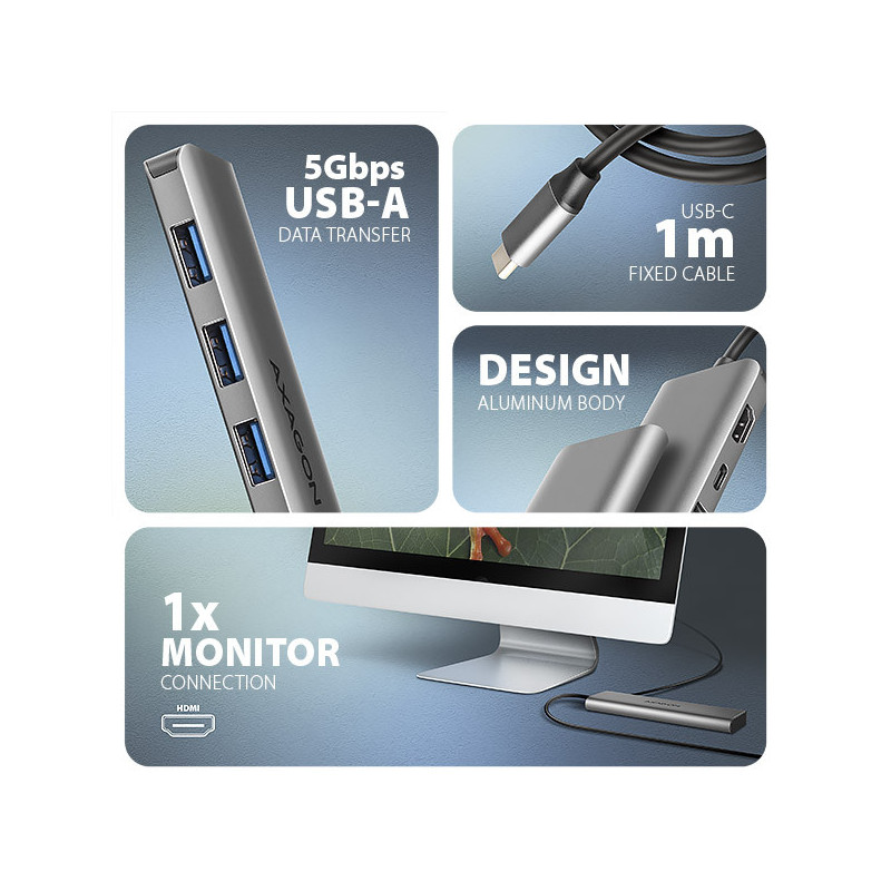 AXAGON HMC-5H, USB 5Gbps hub, 3x USB-A, HDMI 4k/30Hz, PD 100W, kábel USB-C 100cm
