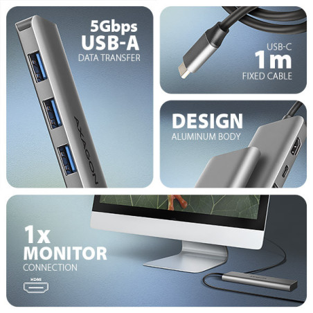 AXAGON HMC-5H, USB 5Gbps hub, 3x USB-A, HDMI 4k/30Hz, PD 100W, kábel USB-C 100cm