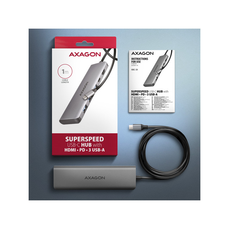 AXAGON HMC-5H, USB 5Gbps hub, 3x USB-A, HDMI 4k/30Hz, PD 100W, kábel USB-C 100cm