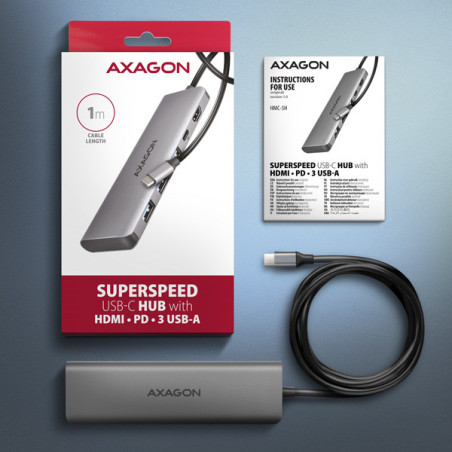 AXAGON HMC-5H, USB 5Gbps hub, 3x USB-A, HDMI 4k/30Hz, PD 100W, kábel USB-C 100cm