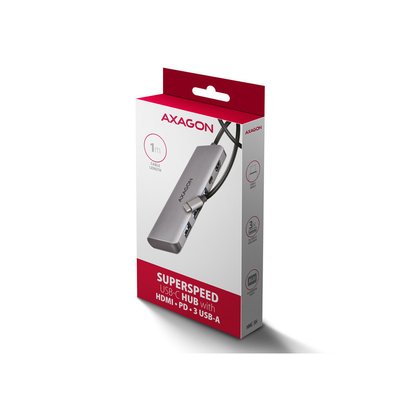 AXAGON HMC-5H, USB 5Gbps hub, 3x USB-A, HDMI 4k/30Hz, PD 100W, kábel USB-C 100cm