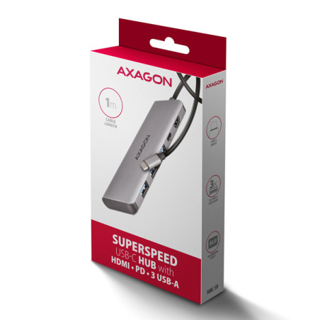 AXAGON HMC-5H, USB 5Gbps hub, 3x USB-A, HDMI 4k/30Hz, PD 100W, kábel USB-C 100cm