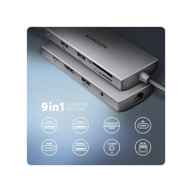 AXAGON HMC-8HLSA, USB 5Gbps hub, 3x USB-A, HDMI 4k/60Hz, RJ-45 GLAN, SD/microSD, audio, PD 100W