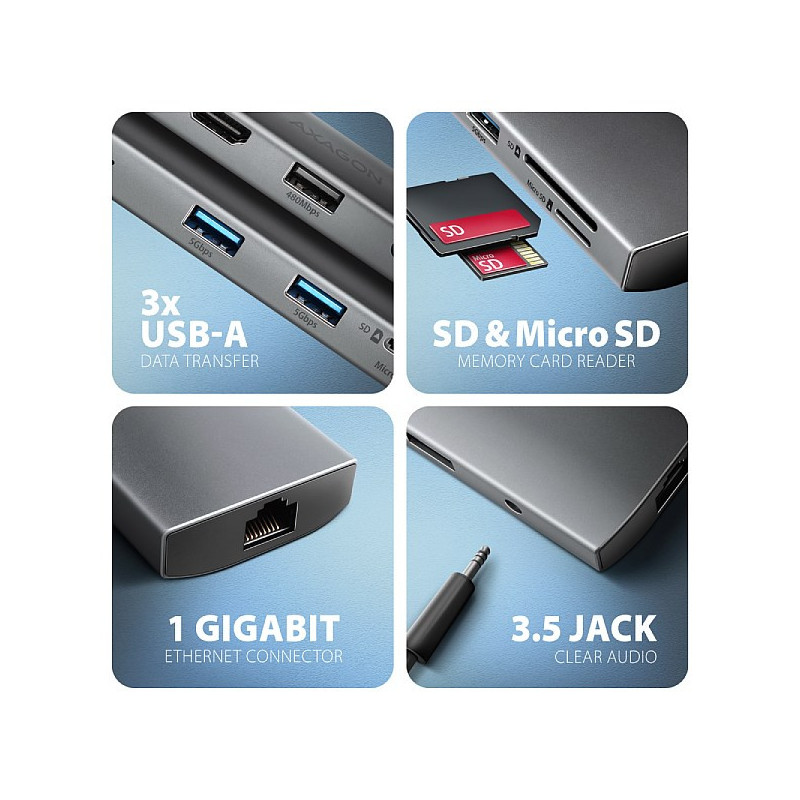 AXAGON HMC-8HLSA, USB 5Gbps hub, 3x USB-A, HDMI 4k/60Hz, RJ-45 GLAN, SD/microSD, audio, PD 100W