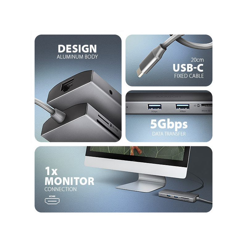 AXAGON HMC-8HLSA, USB 5Gbps hub, 3x USB-A, HDMI 4k/60Hz, RJ-45 GLAN, SD/microSD, audio, PD 100W