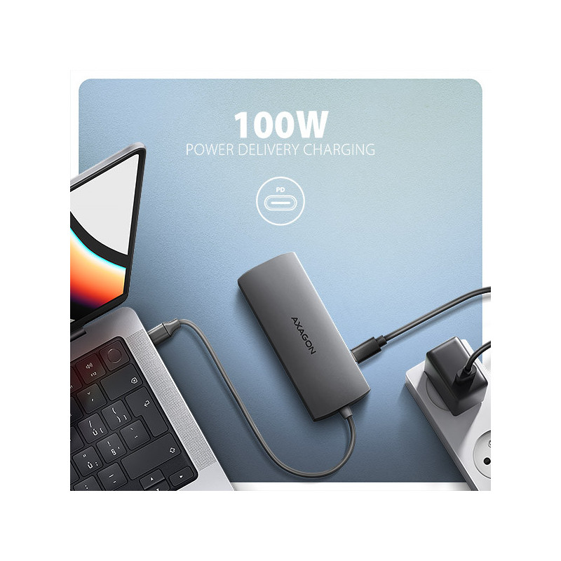 AXAGON HMC-8HLSA, USB 5Gbps hub, 3x USB-A, HDMI 4k/60Hz, RJ-45 GLAN, SD/microSD, audio, PD 100W