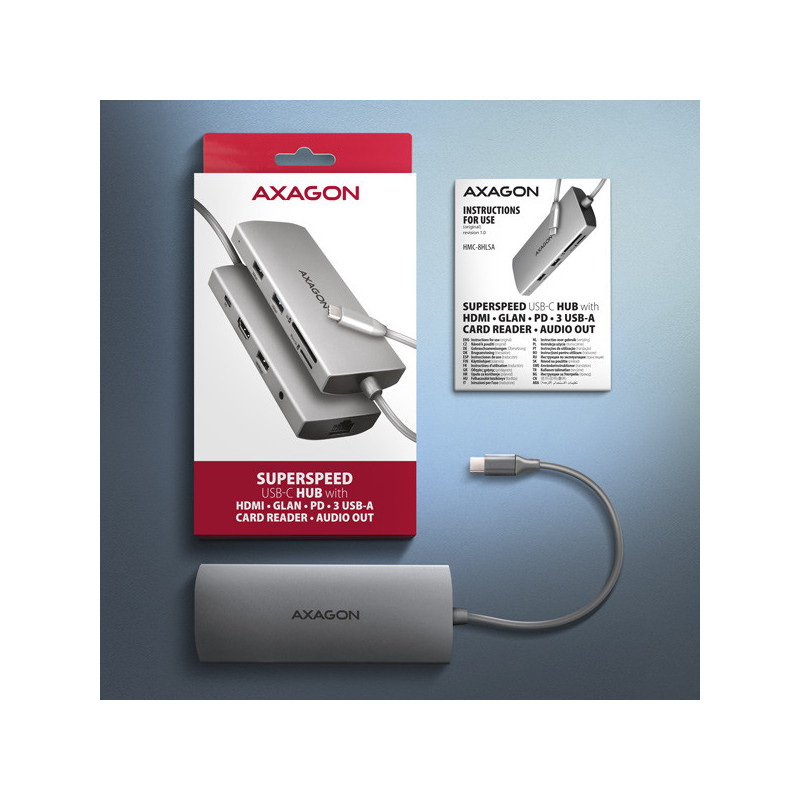 AXAGON HMC-8HLSA, USB 5Gbps hub, 3x USB-A, HDMI 4k/60Hz, RJ-45 GLAN, SD/microSD, audio, PD 100W