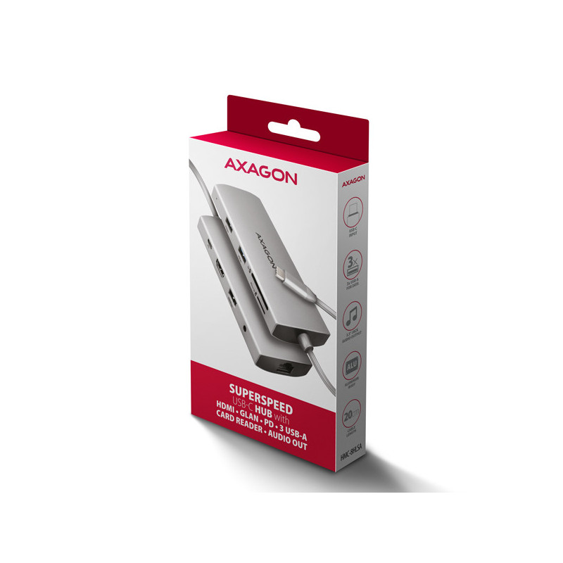 AXAGON HMC-8HLSA, USB 5Gbps hub, 3x USB-A, HDMI 4k/60Hz, RJ-45 GLAN, SD/microSD, audio, PD 100W
