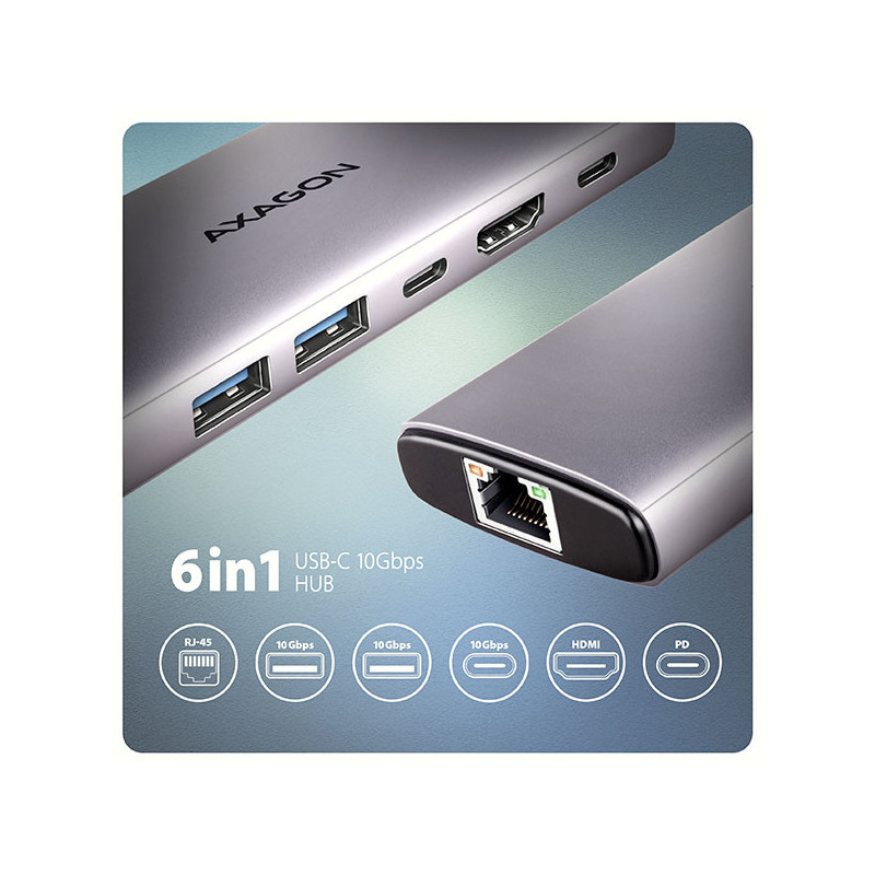 AXAGON HMC-6G2L, USB 10Gb/s hub, 2x USB-A, 1x USB-C, HDMI 4k/60, RJ-45, PD 100W, kábel USB-C 15cm