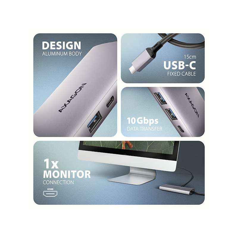 AXAGON HMC-6G2L, USB 10Gb/s hub, 2x USB-A, 1x USB-C, HDMI 4k/60, RJ-45, PD 100W, kábel USB-C 15cm