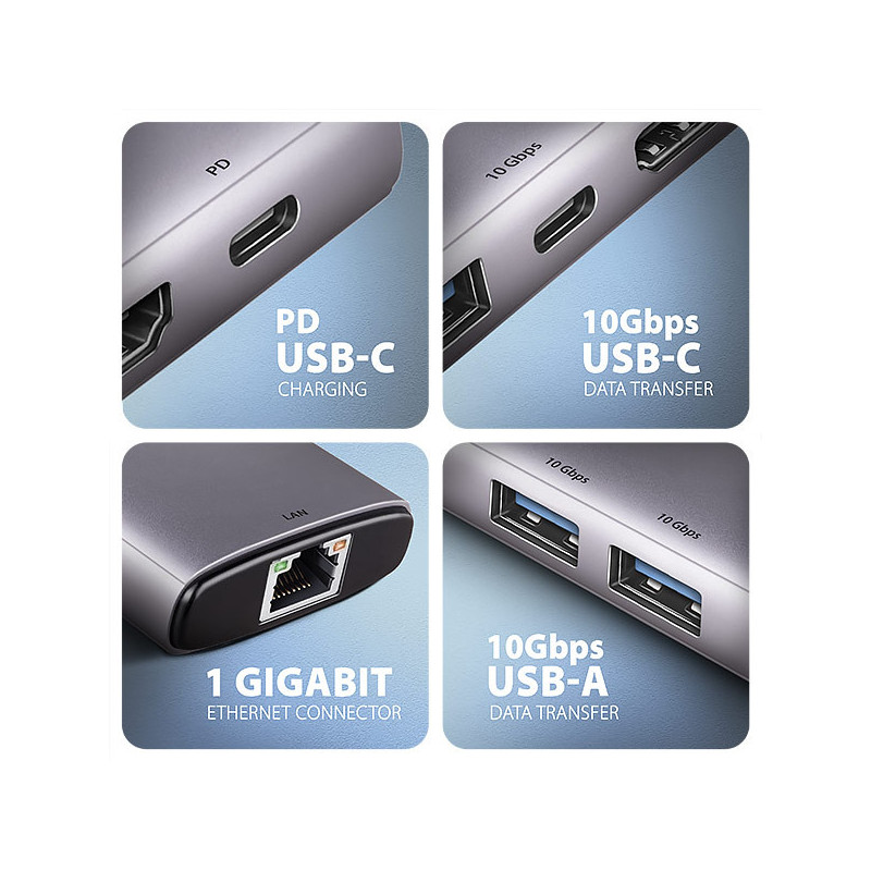 AXAGON HMC-6G2L, USB 10Gb/s hub, 2x USB-A, 1x USB-C, HDMI 4k/60, RJ-45, PD 100W, kábel USB-C 15cm