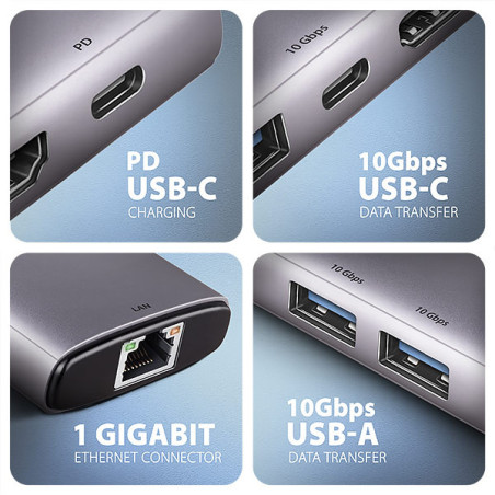 AXAGON HMC-6G2L, USB 10Gb/s hub, 2x USB-A, 1x USB-C, HDMI 4k/60, RJ-45, PD 100W, kábel USB-C 15cm