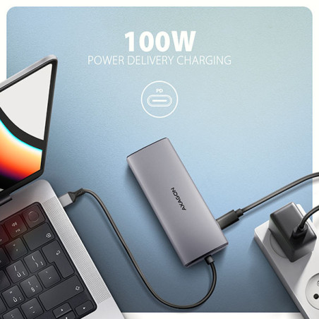 AXAGON HMC-6G2L, USB 10Gb/s hub, 2x USB-A, 1x USB-C, HDMI 4k/60, RJ-45, PD 100W, kábel USB-C 15cm