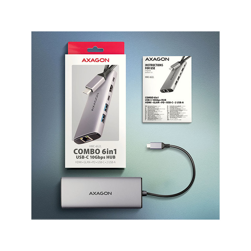 AXAGON HMC-6G2L, USB 10Gb/s hub, 2x USB-A, 1x USB-C, HDMI 4k/60, RJ-45, PD 100W, kábel USB-C 15cm