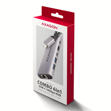 AXAGON HMC-6G2L, USB 10Gb/s hub, 2x USB-A, 1x USB-C, HDMI 4k/60, RJ-45, PD 100W, kábel USB-C 15cm