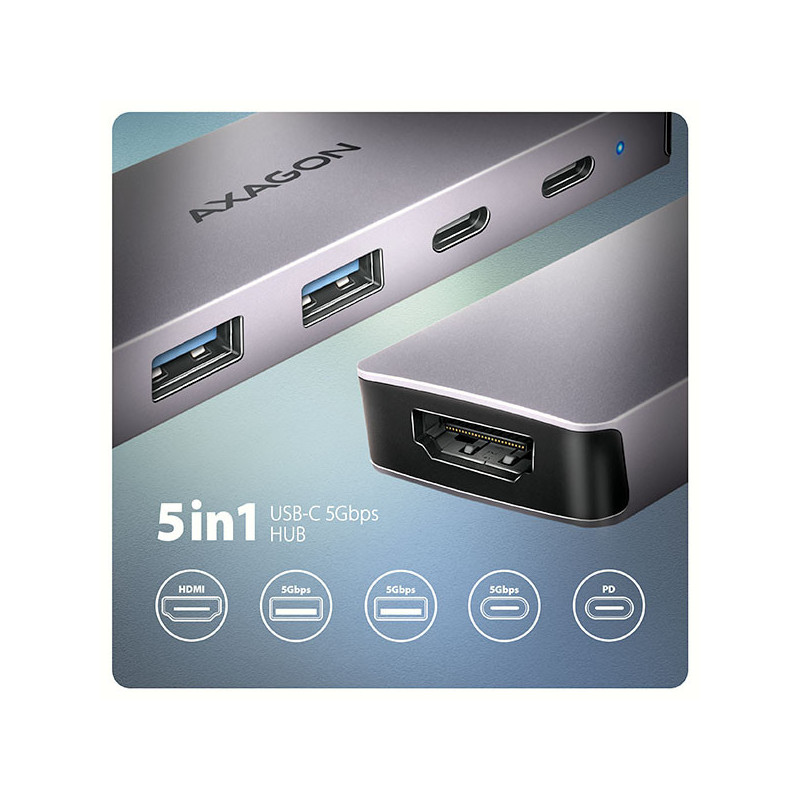 AXAGON HMC-5H60, USB 5Gbps hub, porty 2x USB-A, 1x USB-C, HDMI 4k/60, PD 100W, kábel USB-C 15cm